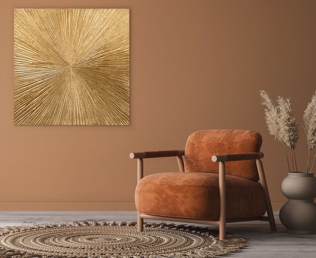 Tableau décoratif mural doré, design abstrait, hauteur, salon ambiance cosy. Loïc Gréaume Bourg-Achard