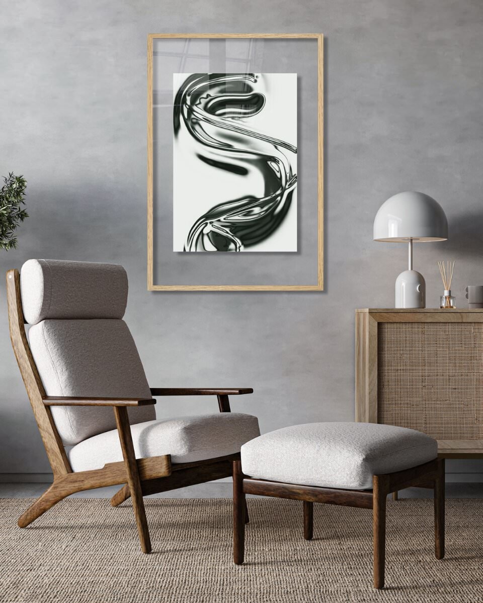 Tableau décoratif moderne abstrait Loïc Gréaume avec cadre en bois, hauteur visible au-dessus d'un fauteuil.