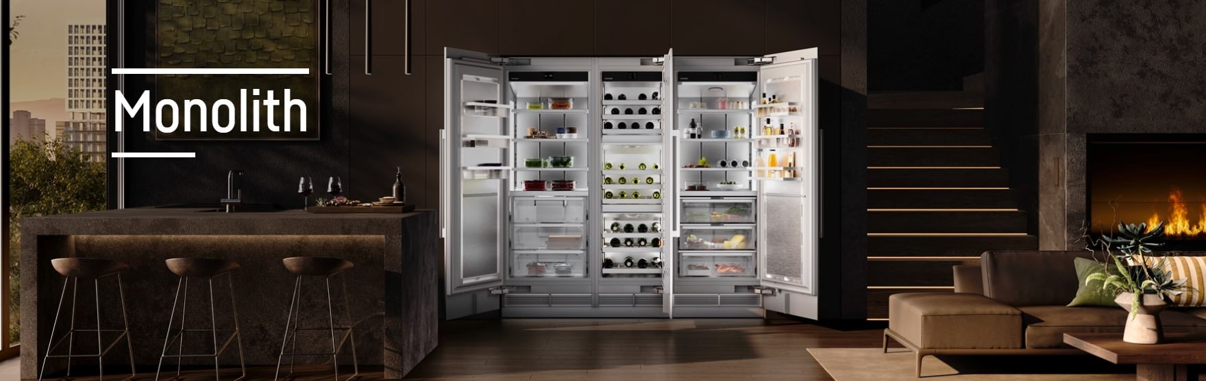 Ensemble Liebherr Monolith associant réfrigérateur, cave à vin et congélateur dans une cuisine haut de gamme